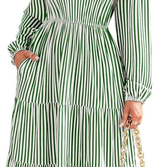 Dresses & Skirts - Womens Long Sleeve Midi Dress Casual Flowy Tiered V Neck Striped